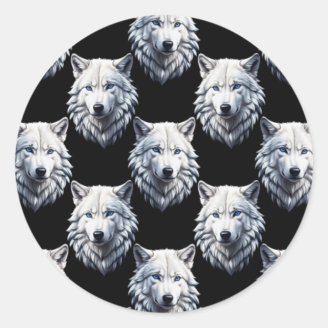 White Wolf Head Pattern Design  Classic Round Sticker (Front)
