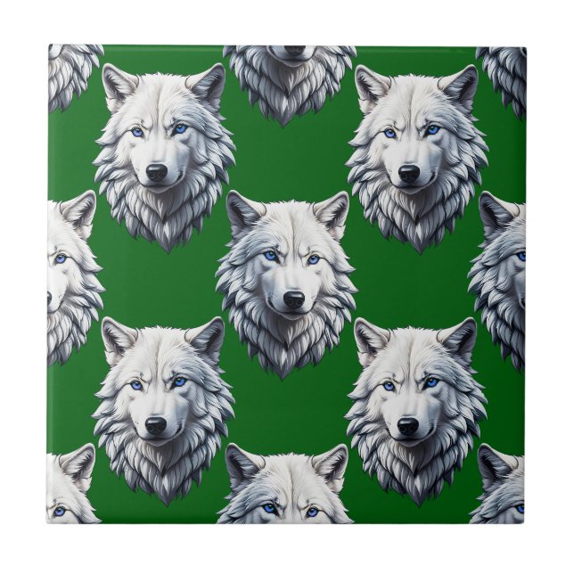 White Wolf Head Pattern Design Green  Ceramic Tile (Front)