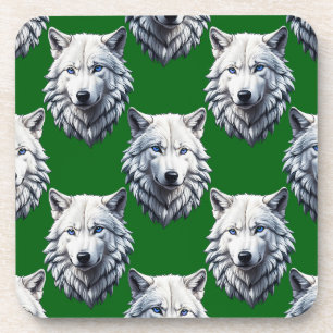 White Wolf Head Pattern Design Green Coaster