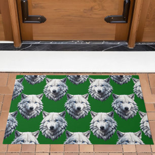 White Wolf Head Pattern Design Green  Doormat