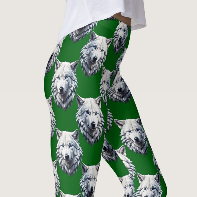 White Wolf Head Pattern Design Green  Leggings (Creator Uploaded)
