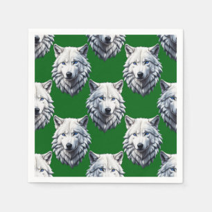 White Wolf Head Pattern Design Green  Napkin