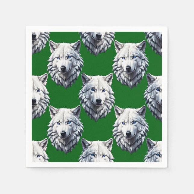 White Wolf Head Pattern Design Green  Napkin (Front)