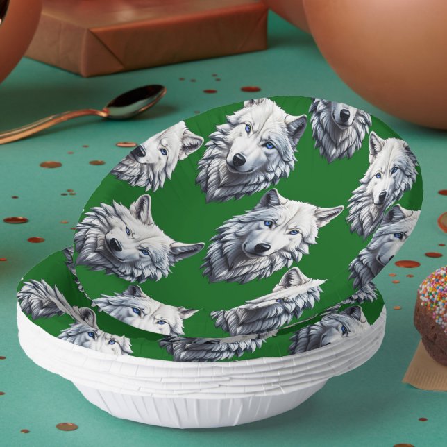 White Wolf Head Pattern Design Green  Paper Plate (Creator Uploaded)