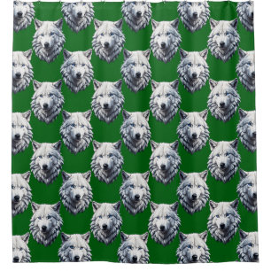 White Wolf Head Pattern Design Green Shower Curtain