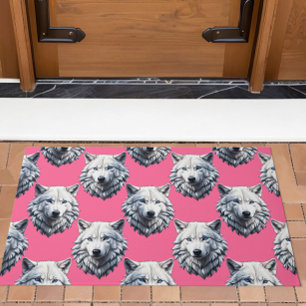 White Wolf Head Pattern Design Pink  Doormat