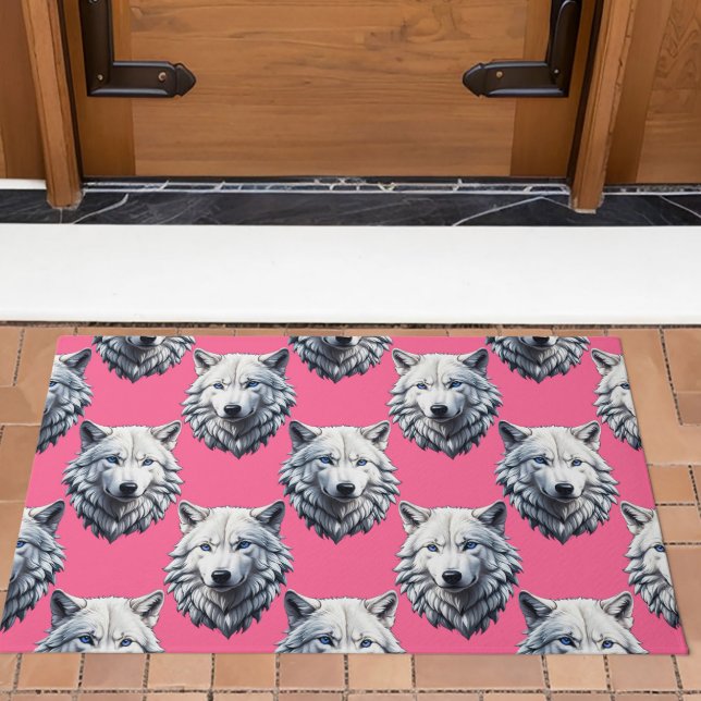 White Wolf Head Pattern Design Pink  Doormat (Creator Uploaded)