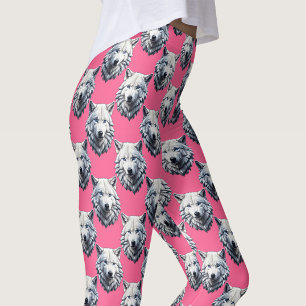 White Wolf Head Pattern Design Pink Leggings