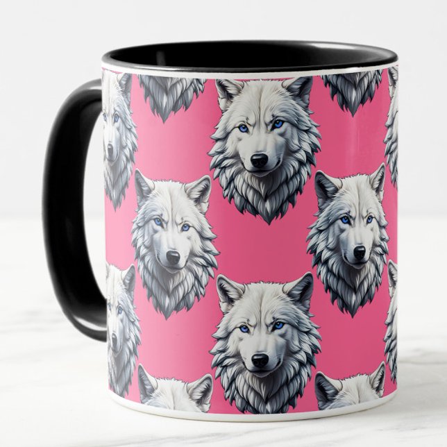 White Wolf Head Pattern Design Pink  Mug (Creator Uploaded)