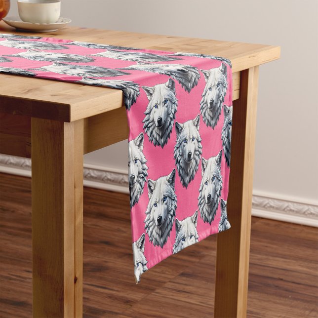 White Wolf Head Pattern Design Pink  Short Table Runner (Creator Uploaded)