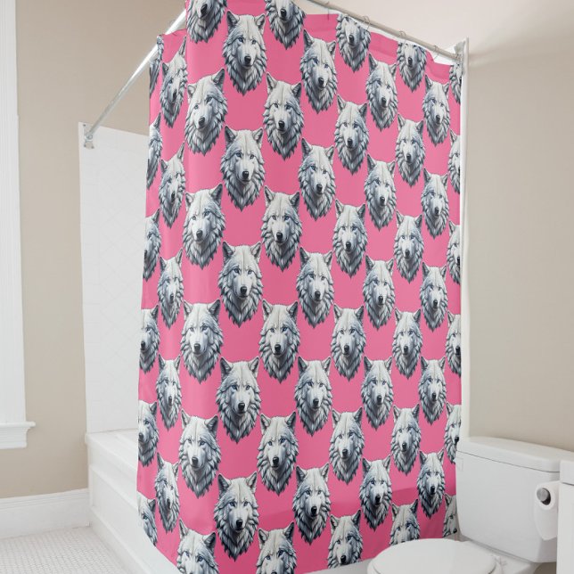 White Wolf Head Pattern Design Pink  Shower Curtain (Creator Uploaded)