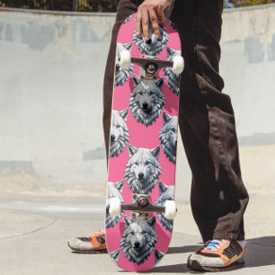 White Wolf Head Pattern Design Pink Skateboard
