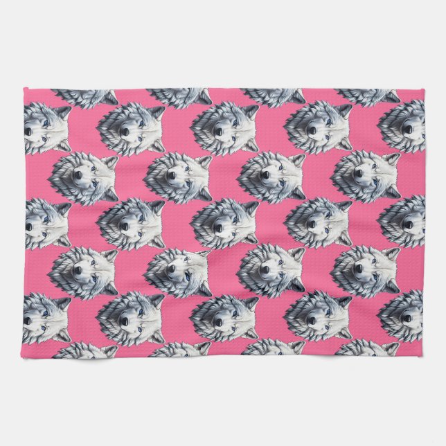 White Wolf Head Pattern Design Pink  Tea Towel (Horizontal)