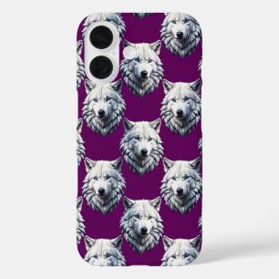 White Wolf Head Pattern Design Purple iPhone 16 Case