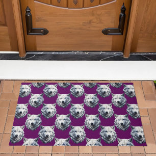White Wolf Head Pattern Design Purple  Doormat