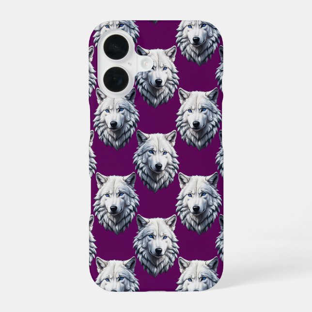 White Wolf Head Pattern Design Purple  iPhone 16 Case (Back)