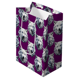 White Wolf Head Pattern Design Purple Medium Gift Bag