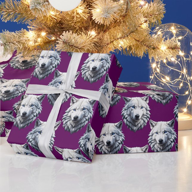 White Wolf Head Pattern Design Purple  Wrapping Paper (Creator Uploaded)