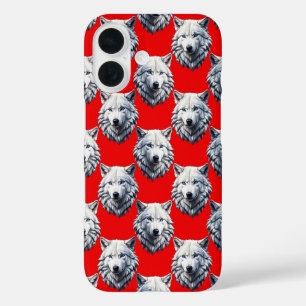 White Wolf Head Pattern Design - Red iPhone 16 Case
