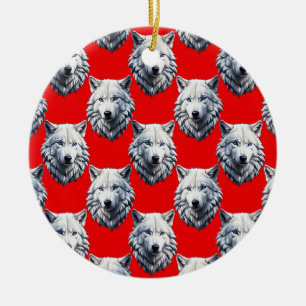 White Wolf Head Pattern Design - Red Ceramic Ornament