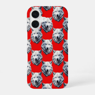 White Wolf Head Pattern Design - Red iPhone 16 Case
