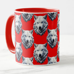 White Wolf Head Pattern Design - Red  Mug