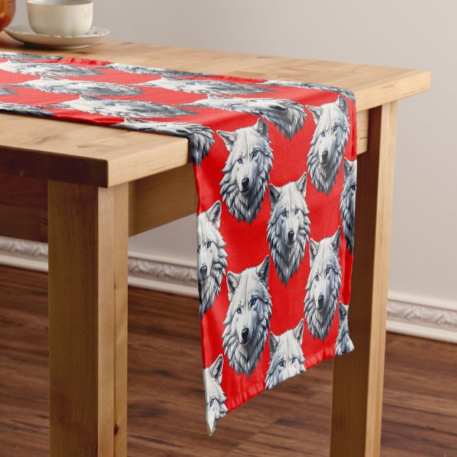 White Wolf Head Pattern Design - Red  Short Table Runner (Creator Uploaded)