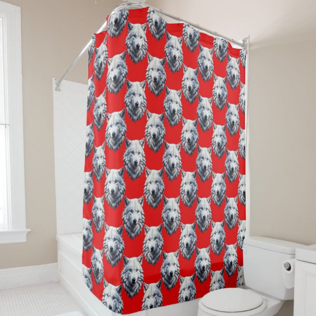 White Wolf Head Pattern Design - Red  Shower Curtain (Creator Uploaded)