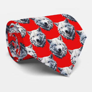White Wolf Head Pattern Design - Red Tie