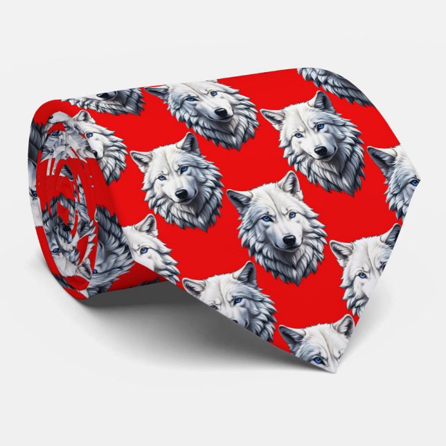 White Wolf Head Pattern Design - Red  Tie (Creator Uploaded)