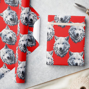 White Wolf Head Pattern Design - Red  Wrapping Paper