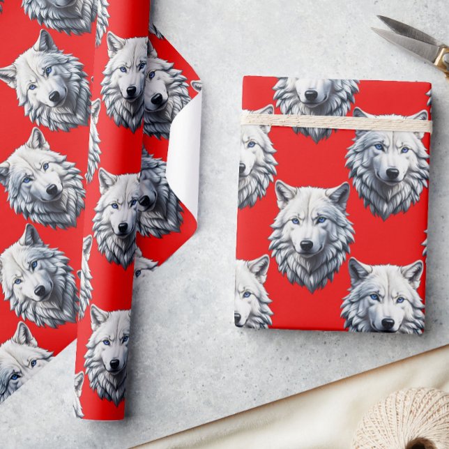 White Wolf Head Pattern Design - Red  Wrapping Paper (Creator Uploaded)