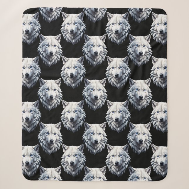 White Wolf Head Pattern Design  Sherpa Blanket (Front)