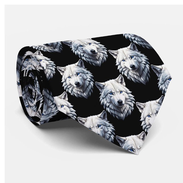 White Wolf Head Pattern Design  Tie (Creator Uploaded)