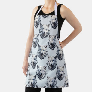 White Wolf Head Pattern Design - White Apron
