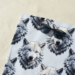 White Wolf Head Pattern Design - White  Beach Towel