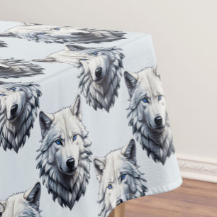 White Wolf Head Pattern Design - White Tablecloth