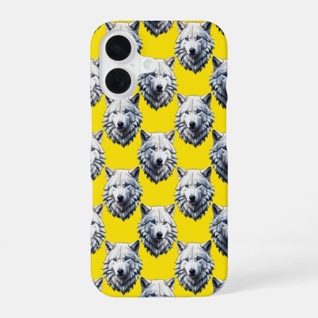 White Wolf Head Pattern Design Yellow  iPhone 16 Case (Back)