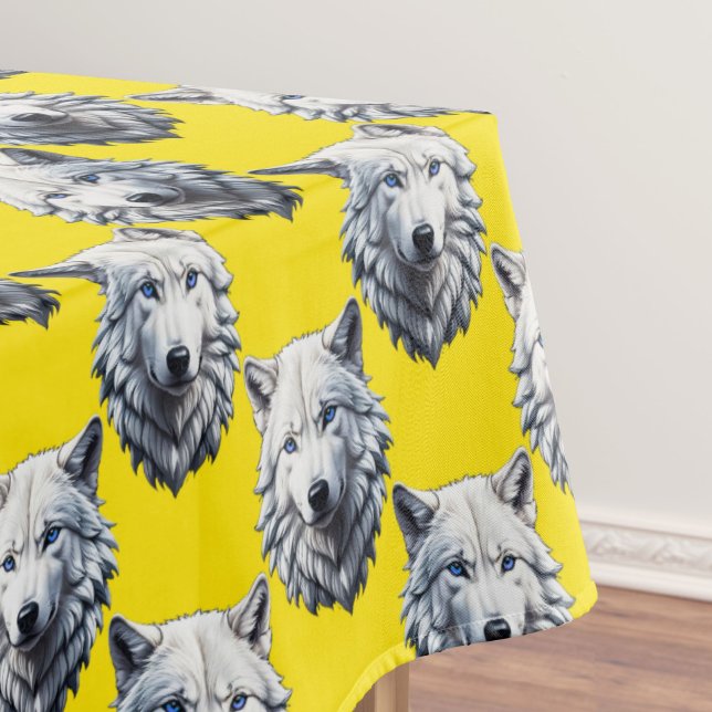 White Wolf Head Pattern Design Yellow  Tablecloth (Creator Uploaded)