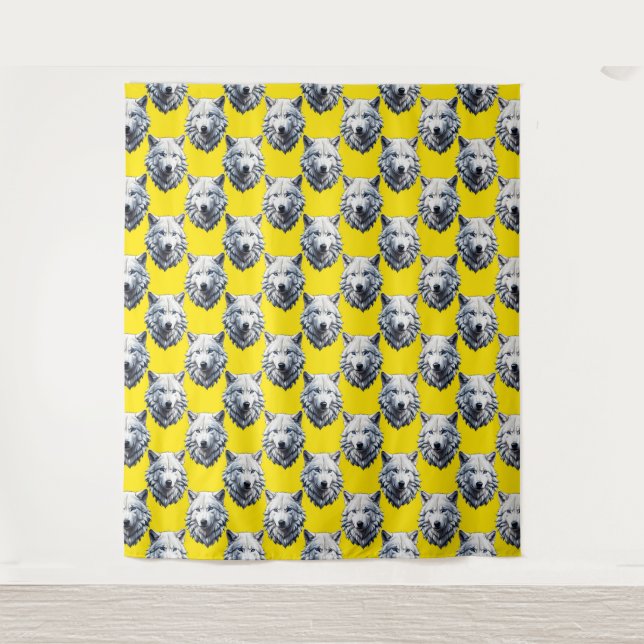 White Wolf Head Pattern Design Yellow  Tapestry (Front)