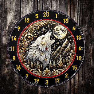 White Wolf Howls Beneath Glowing Moon Dartboard