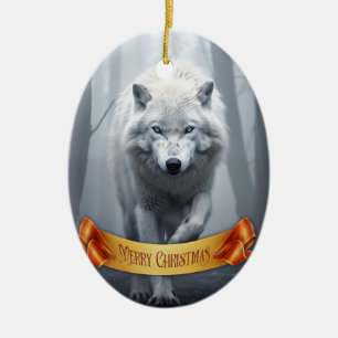 White Wolf in Foggy Forest Ceramic Ornament