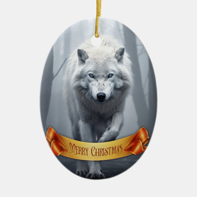 White Wolf in Foggy Forest Ceramic Ornament (Front)