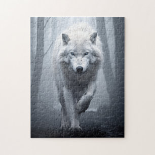 White Wolf in Foggy Forest Jigsaw Puzzle
