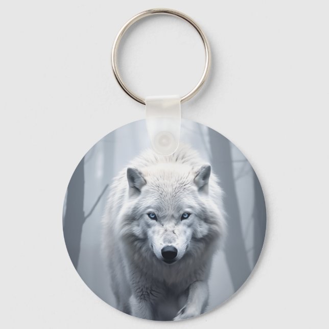 White Wolf in Foggy Forest Key Ring (Front)