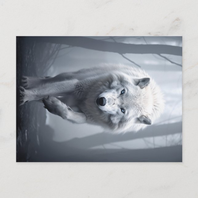 White Wolf in Foggy Forest Postcard (Front)