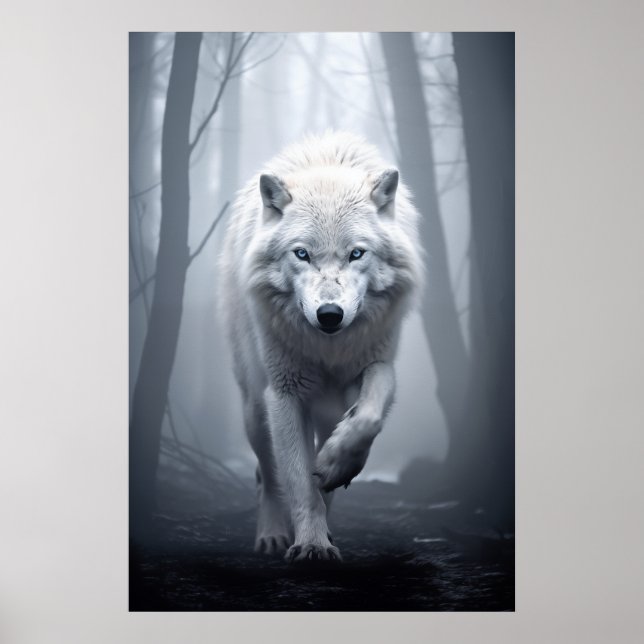 White Wolf in Foggy Forest Poster (Front)