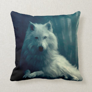 White wolf in the night forest cushion