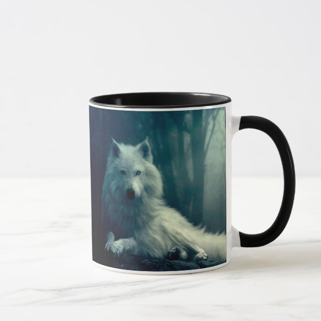 White wolf in the night forest mug (Right)