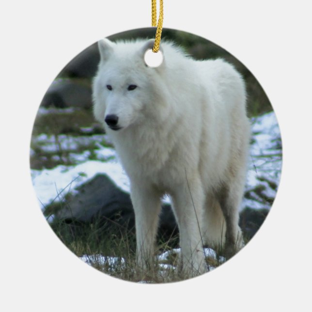 White Wolf in Winter Ceramic Ornament (Front)